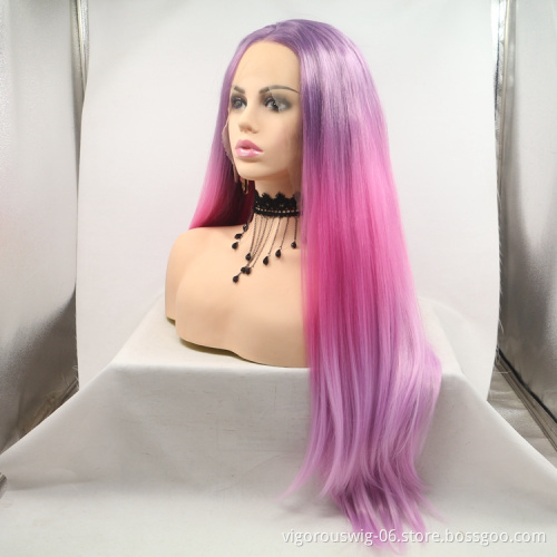 Wholesale high quality long straight cheap heat resistant ombre pink synthetic wig with lace frontal